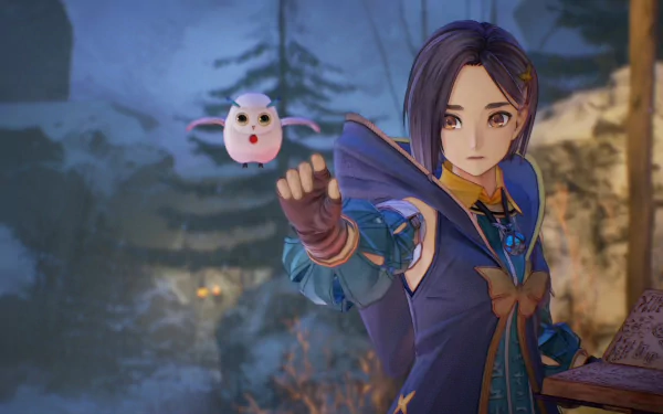 Tales of Arise HD wallpaper featuring a female character with winter backdrop and a cute floating mascot.