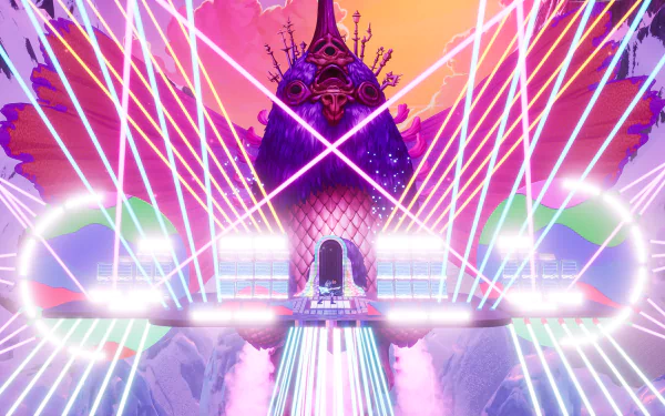 HD desktop wallpaper featuring a vibrant scene from The Artful Escape with colorful laser lights and fantastical architecture.