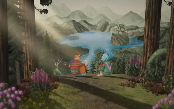 HD desktop wallpaper featuring a scene from The Artful Escape with two characters in a vibrant, stylized forest overlooking a lake and distant mountains.