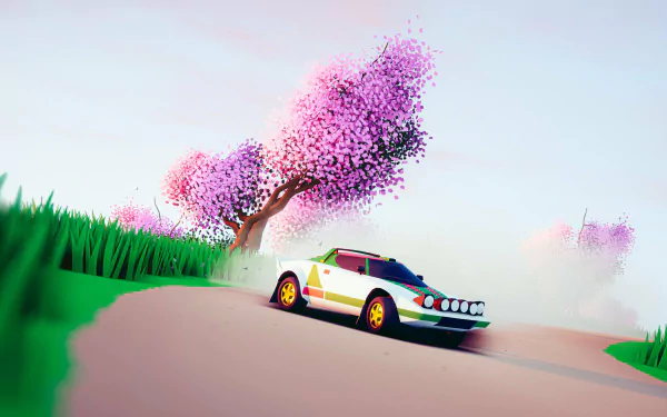 Art of Rally game HD desktop wallpaper featuring a rally car drifting under blooming purple trees.