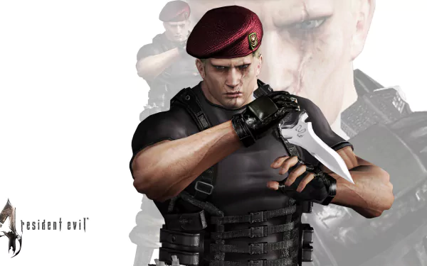 HD PC desktop wallpaper featuring Jack Krauser from Resident Evil 4 gripping a knife, set against a faint background of his image and the Resident Evil logo.