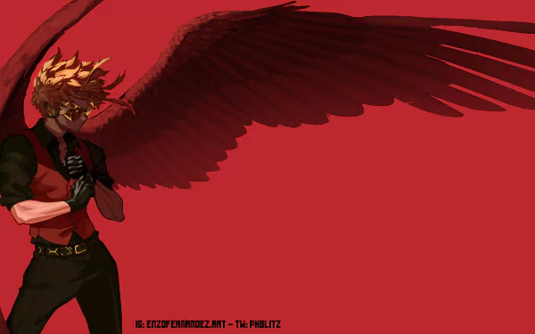Keigo Takami, also known as Hawks from My Hero Academia, stands confidently with his large wings spread against a vivid red background in this 4K Ultra HD anime wallpaper.