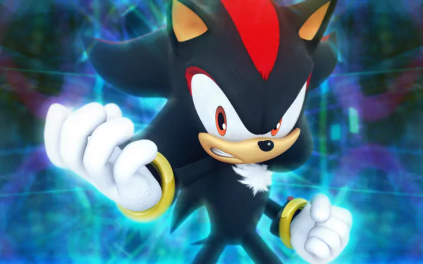 HD PC desktop wallpaper featuring Shadow the Hedgehog from the video game Sonic Forces with a glowing, dynamic blue and purple energy background.