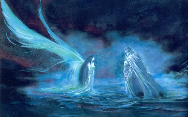 An ethereal scene featuring an angelic figure with flowing wings and a cloaked figure, surrounded by a mystical blue haze, designed as an HD anime desktop wallpaper.