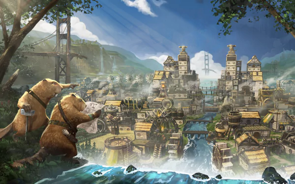HD desktop wallpaper featuring Timberborn game art with beavers and a water-powered city.