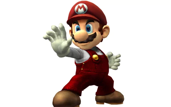 HD wallpaper featuring Mario, the iconic character from the video game Super Smash Bros. Brawl, striking a dynamic pose with an outstretched hand.