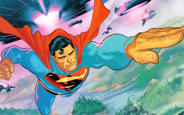 Fortnite loading screen of Superman diving over a vibrant landscape — video game 4K Ultra HD PC desktop wallpaper