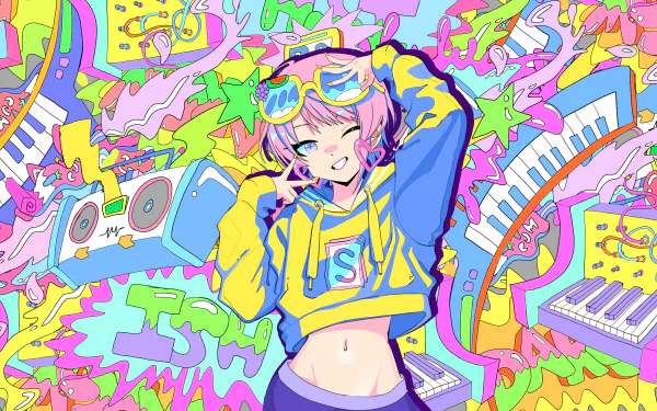 Vibrant 4K Ultra HD anime girl wallpaper featuring a cheerful character with pink hair and colorful glasses against a dynamic, neon-themed background filled with musical elements.