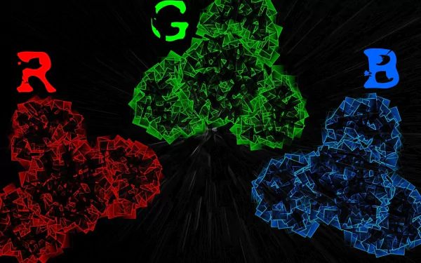 HD desktop wallpaper featuring abstract shapes in RGB colors—red, green, and blue—on a black background for a visually striking design.