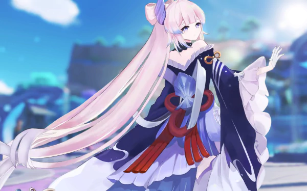 HD PC desktop wallpaper featuring Sangonomiya Kokomi from the video game Genshin Impact, showcasing her detailed outfit and serene background.