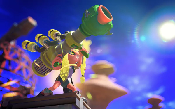 Splatoon 3 video game HD PC desktop wallpaper: Inkling in neon gear brandishing a heavy splatling cannon on a rooftop under a vivid purple-blue sky with a bright lens flare.
