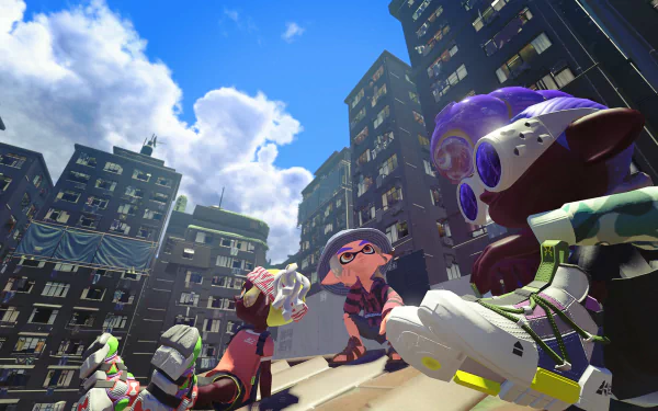 Video game Splatoon 3 HD PC desktop wallpaper: Inklings and Octolings in colorful gear gathered in a sunlit urban plaza beneath a vivid blue sky.