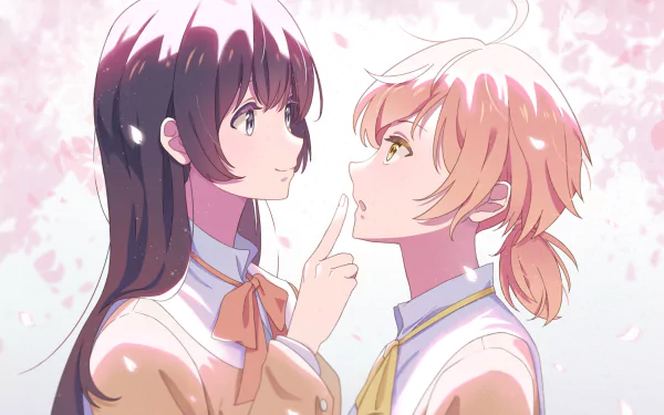 HD PC wallpaper: anime characters Touko Nanami and Yuu Koito from Bloom Into You — two schoolgirls in uniform face each other amid falling cherry blossoms.