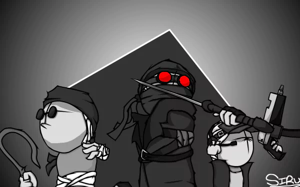 HD desktop wallpaper featuring characters from MADNESS: Project Nexus, showcasing stylized figures with red glowing eyes and weaponry on a grayscale background with a highlighted triangular area.