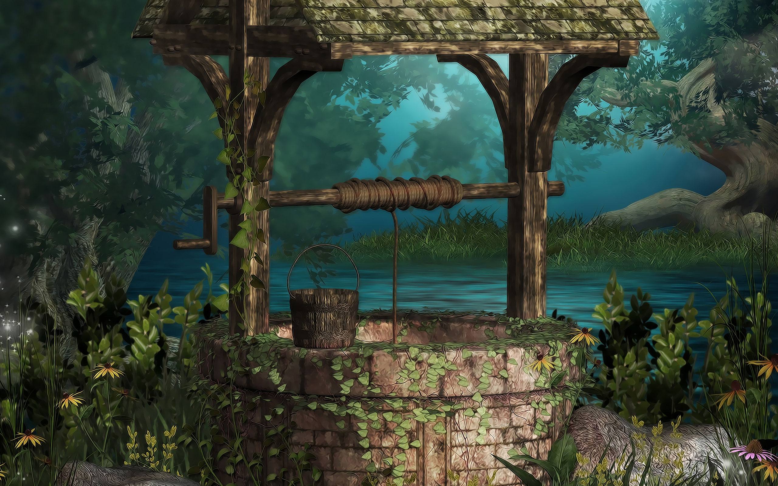 Fantasy artistic wallpaper with a well in a dreamy landscape