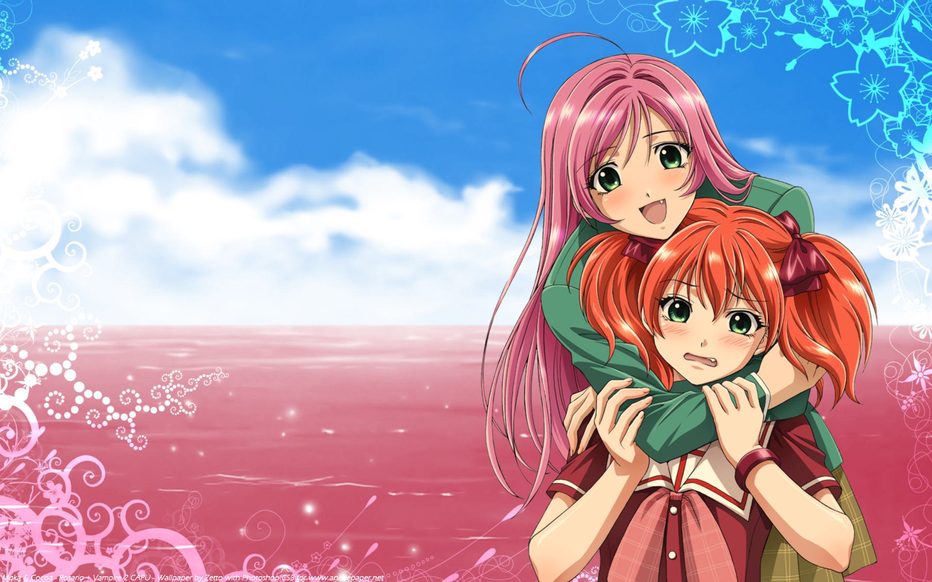 Anime characters Moka Akashiya and Kokoa Shuzen from Rosario + Vampire in a vibrant desktop wallpaper