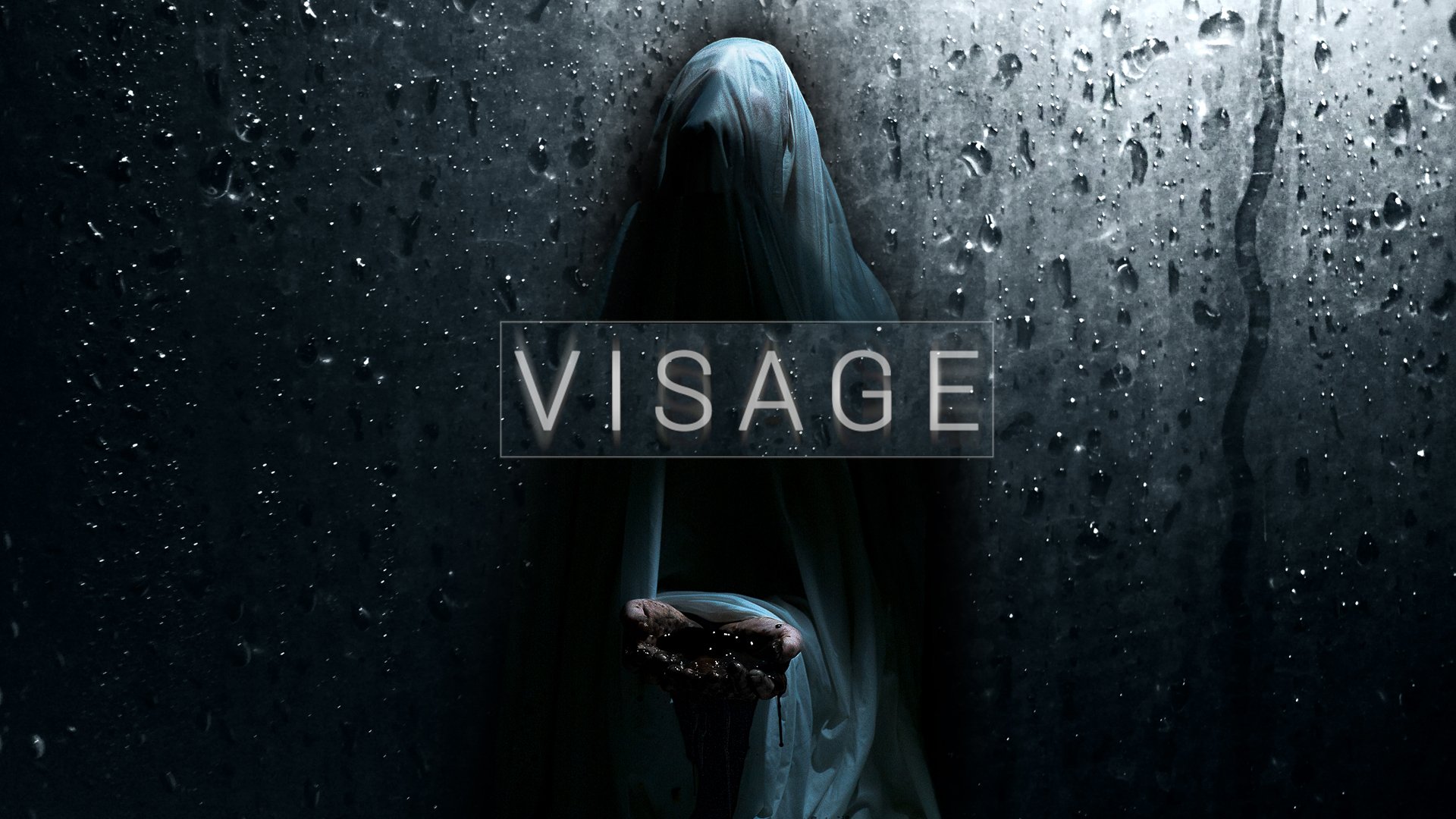 A haunting HD desktop wallpaper featuring the word VISAGE with a shadowy figure cloaked in mist, set against a backdrop of raindrops and dark textures, evoking a chilling video game atmosphere.