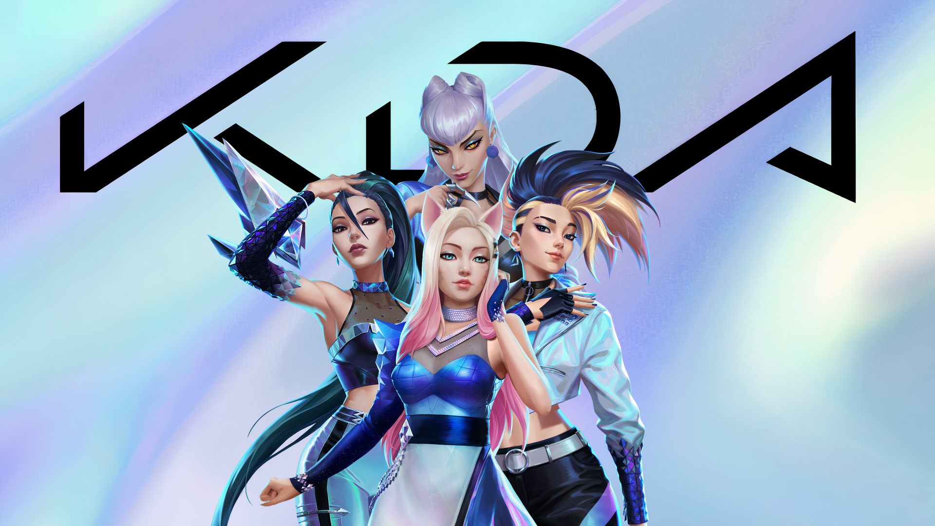 8K Ultra HD PC wallpaper of K/DA K-pop quartet from League of Legends — Ahri, Akali, Evelynn and Kai'Sa — posing in futuristic pop‑idol outfits on a pastel gradient.