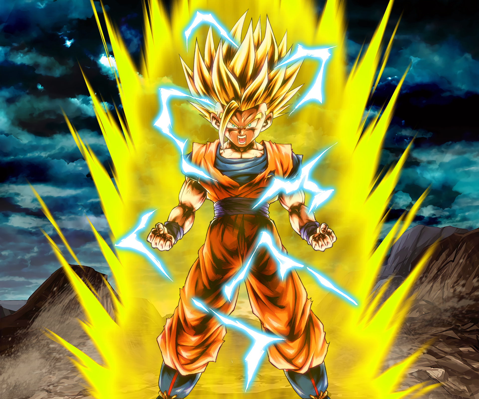 Gohan (Dragon Ball) as Super Saiyan 2, powering up with a golden aura and blue lightning — anime HD PC desktop wallpaper (Dragon Ball Z).