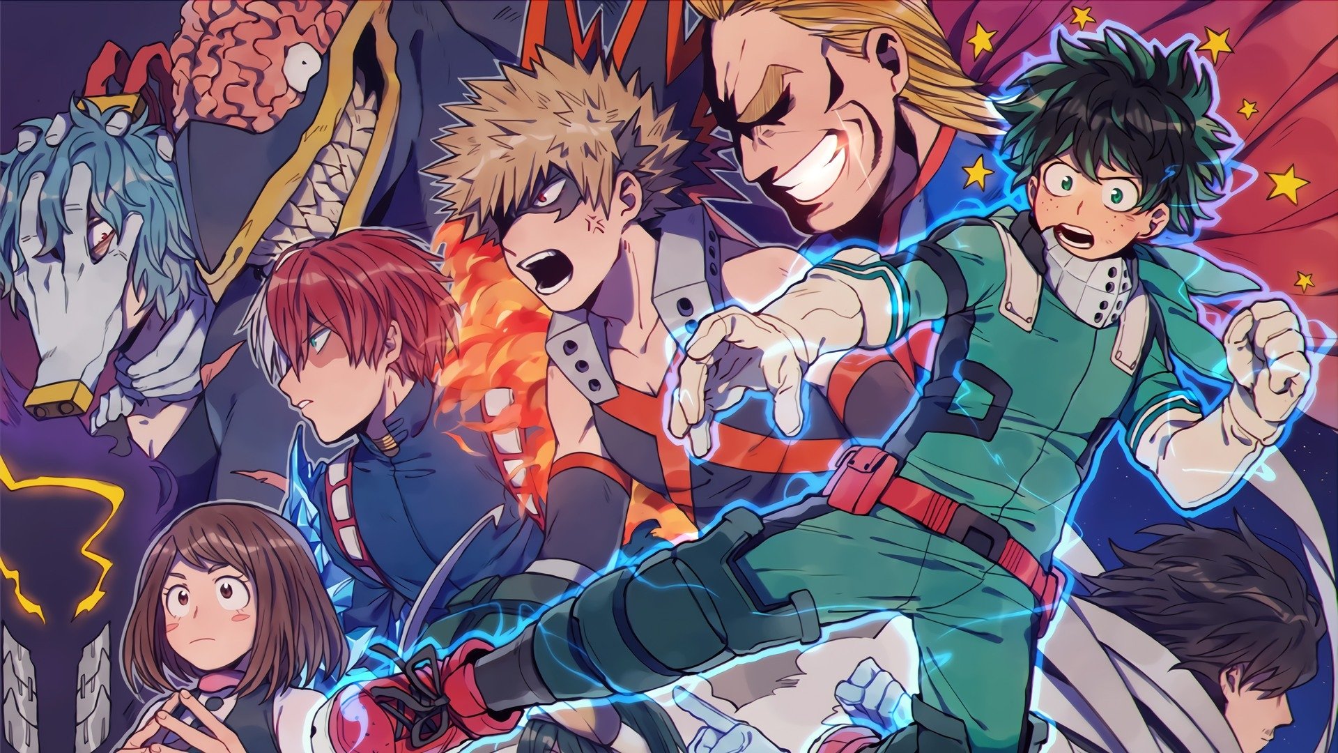 HD My Hero Academia desktop wallpaper showing Izuku Midoriya, Katsuki Bakugou, Shoto Todoroki, Ochako Uraraka, Tsuyu Asui, Shota Aizawa, Tomura Shigaraki, Nomu, and All Might in dynamic poses.