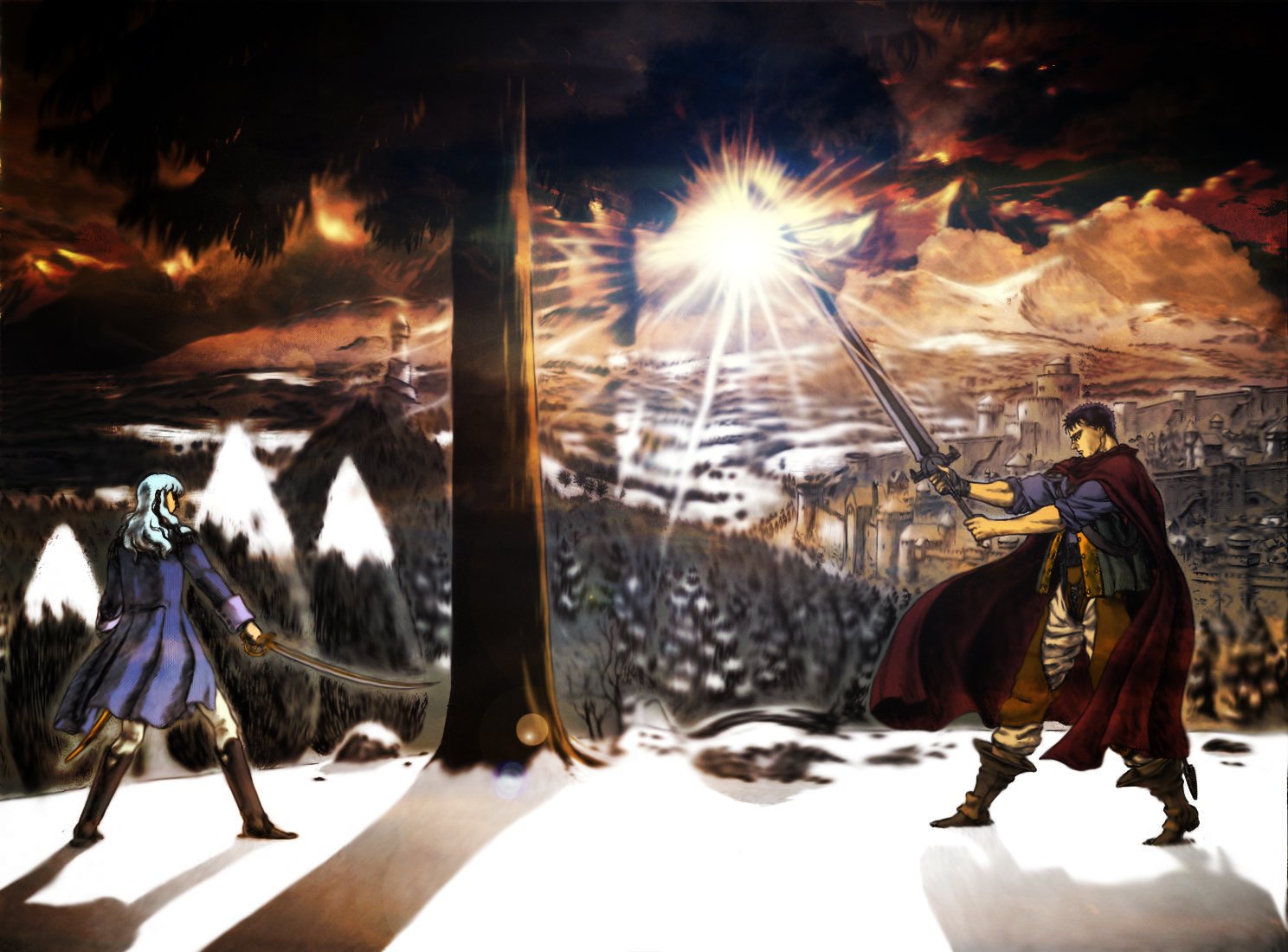 HD PC desktop wallpaper featuring anime characters Guts and Griffith from Berserk in an intense showdown under a dramatic sky.