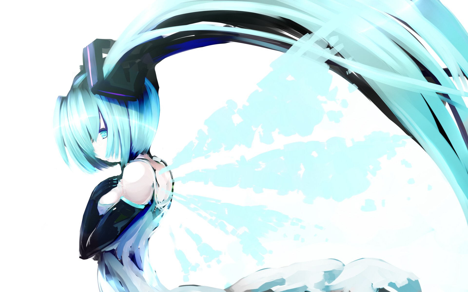 HD anime desktop wallpaper featuring Hatsune Miku, the iconic Vocaloid character, with flowing turquoise twin tails and a dynamic, ethereal light effect background.