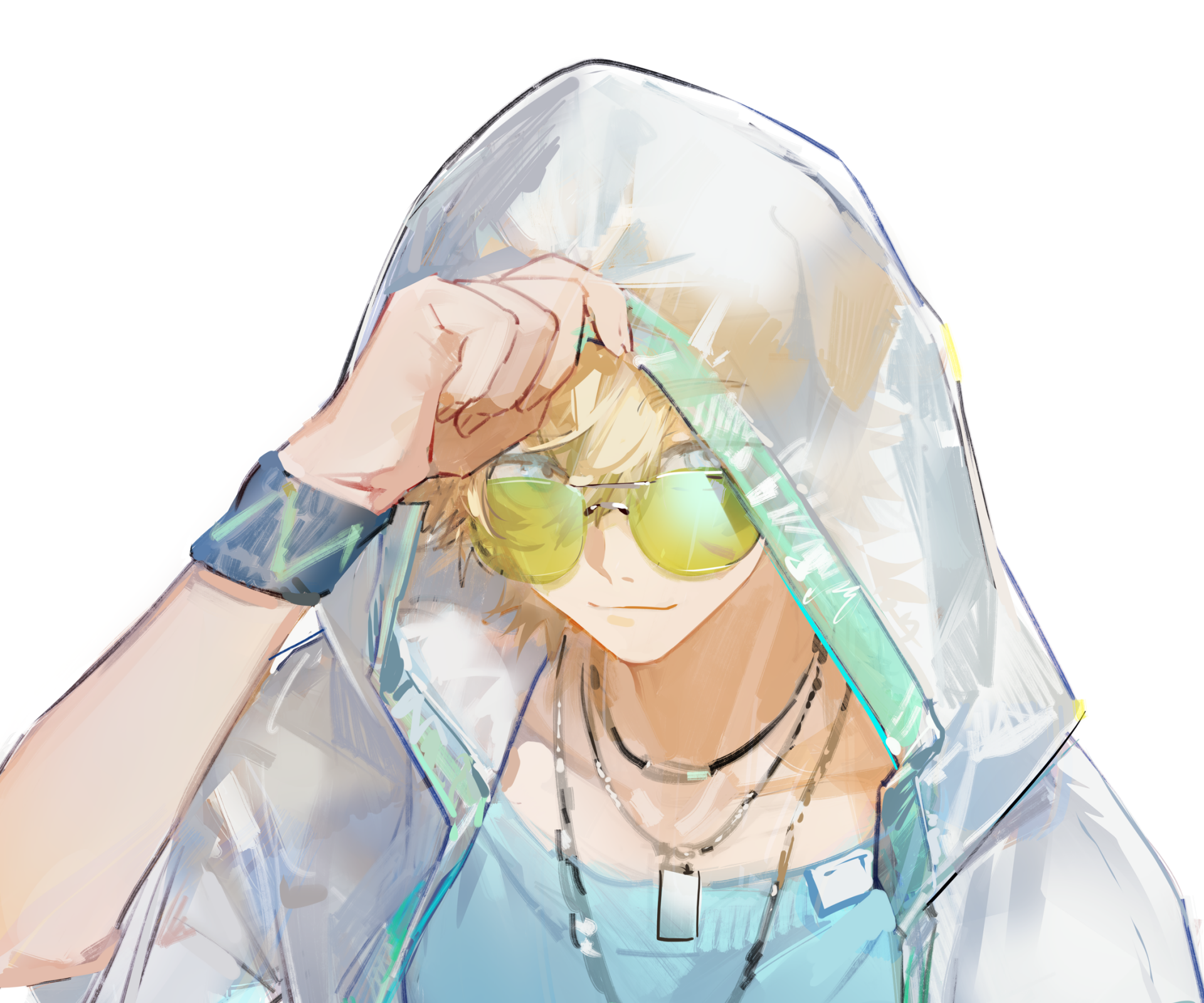HD PC desktop wallpaper of Arknights video game character: blond, hooded figure tipping reflective sunglasses, layered necklaces and wristband against a clean white background.