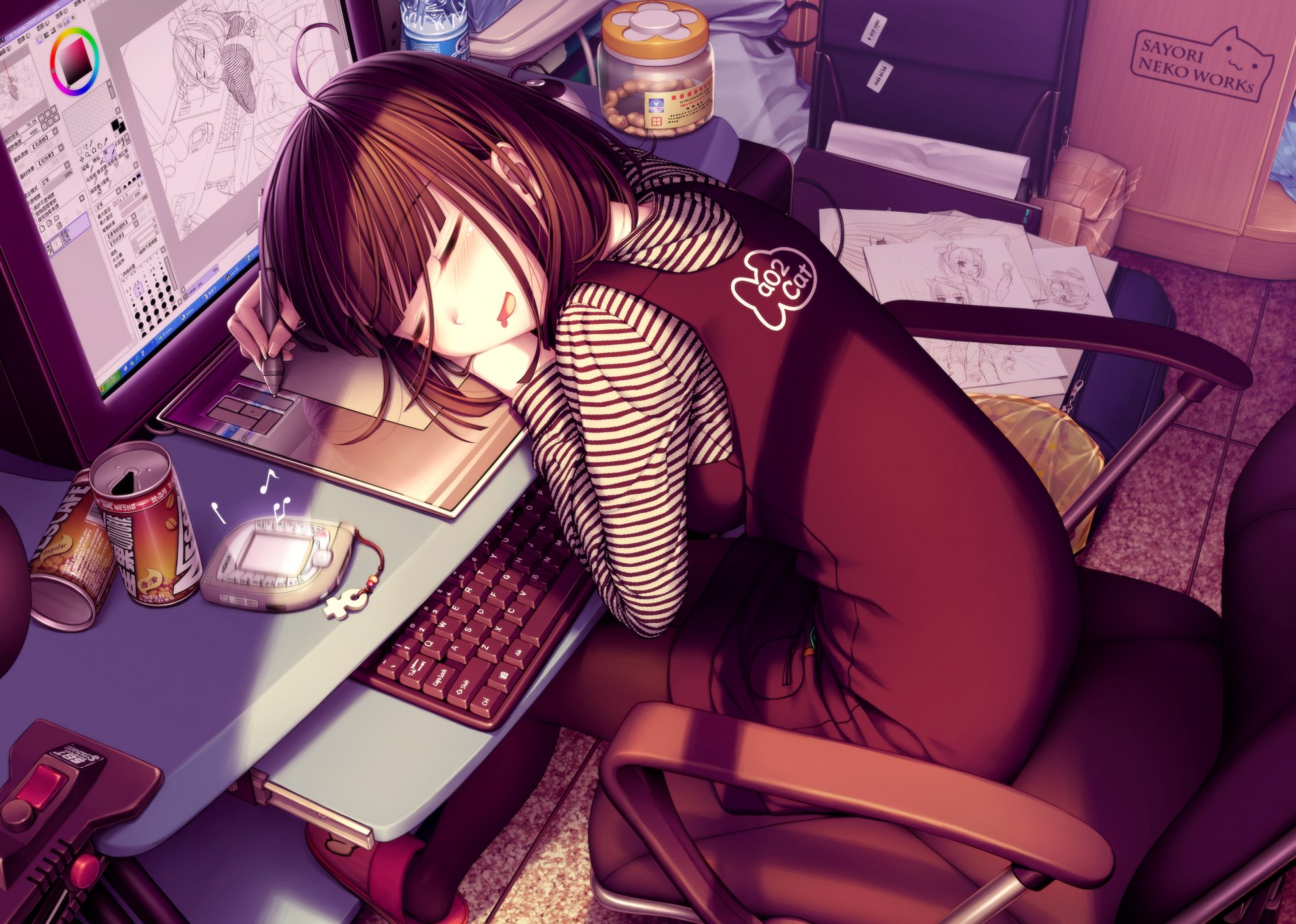 Download Computer Brown Hair Sleeping Anime Girl Anime Girl  4k Ultra HD Wallpaper by sayori