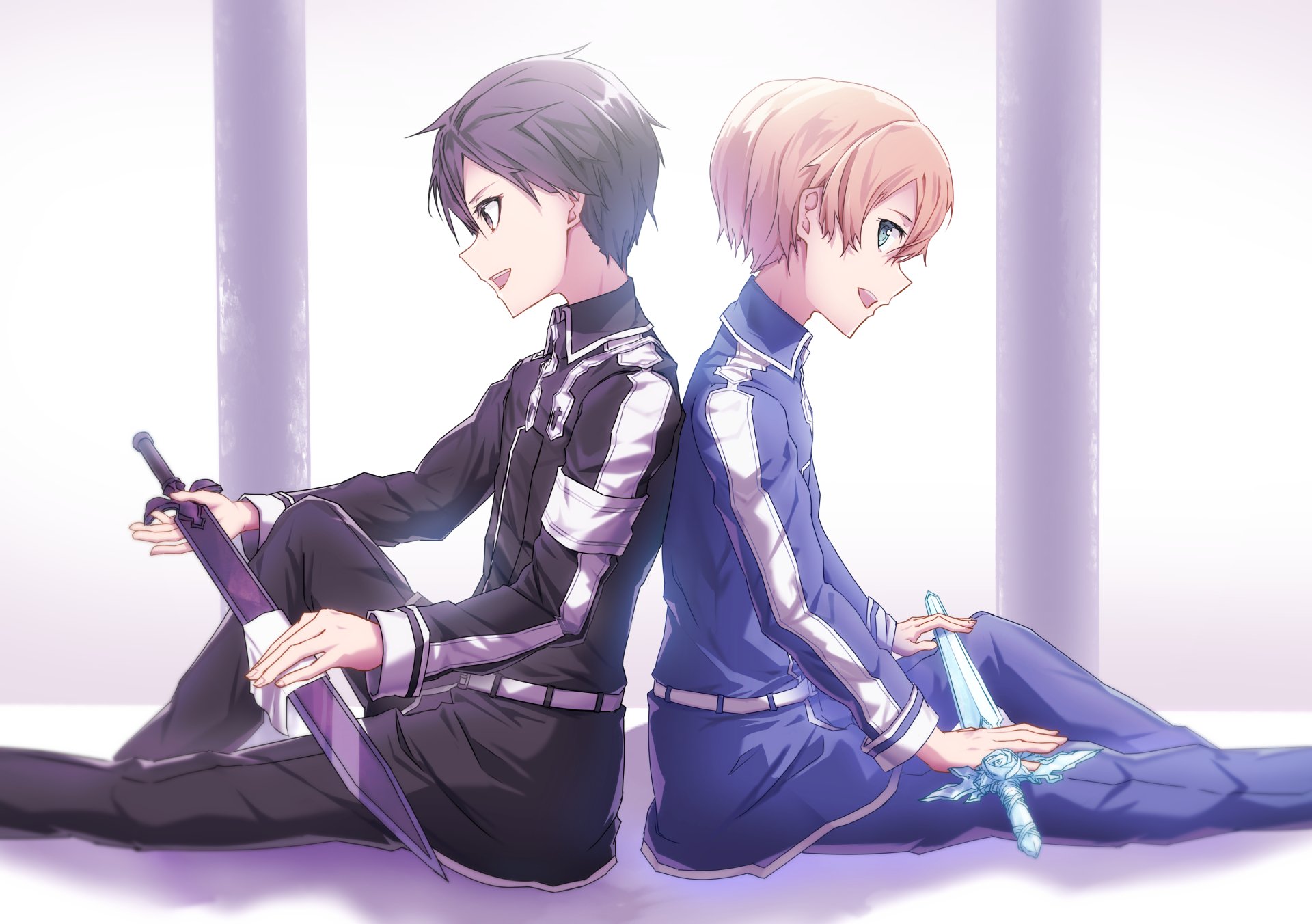 Kirito and Eugeo from Sword Art Online sit back-to-back, holding swords against a soft white glow — anime 2K Quad HD PC desktop wallpaper.