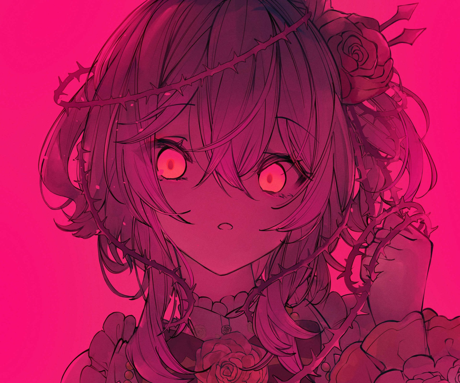 HD anime-style wallpaper featuring Rosemi Lovelock, a Virtual YouTuber from Nijisanji, with detailed line art and glowing eyes in a vibrant pink hue.