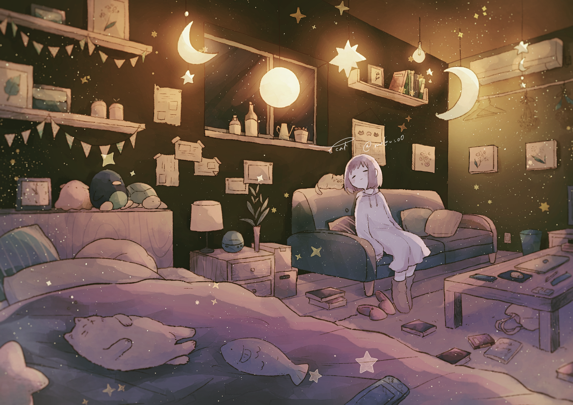 Dreamy Anime Girl and Her Sleeping Cat in a Cozy 4K Nightscape ...
