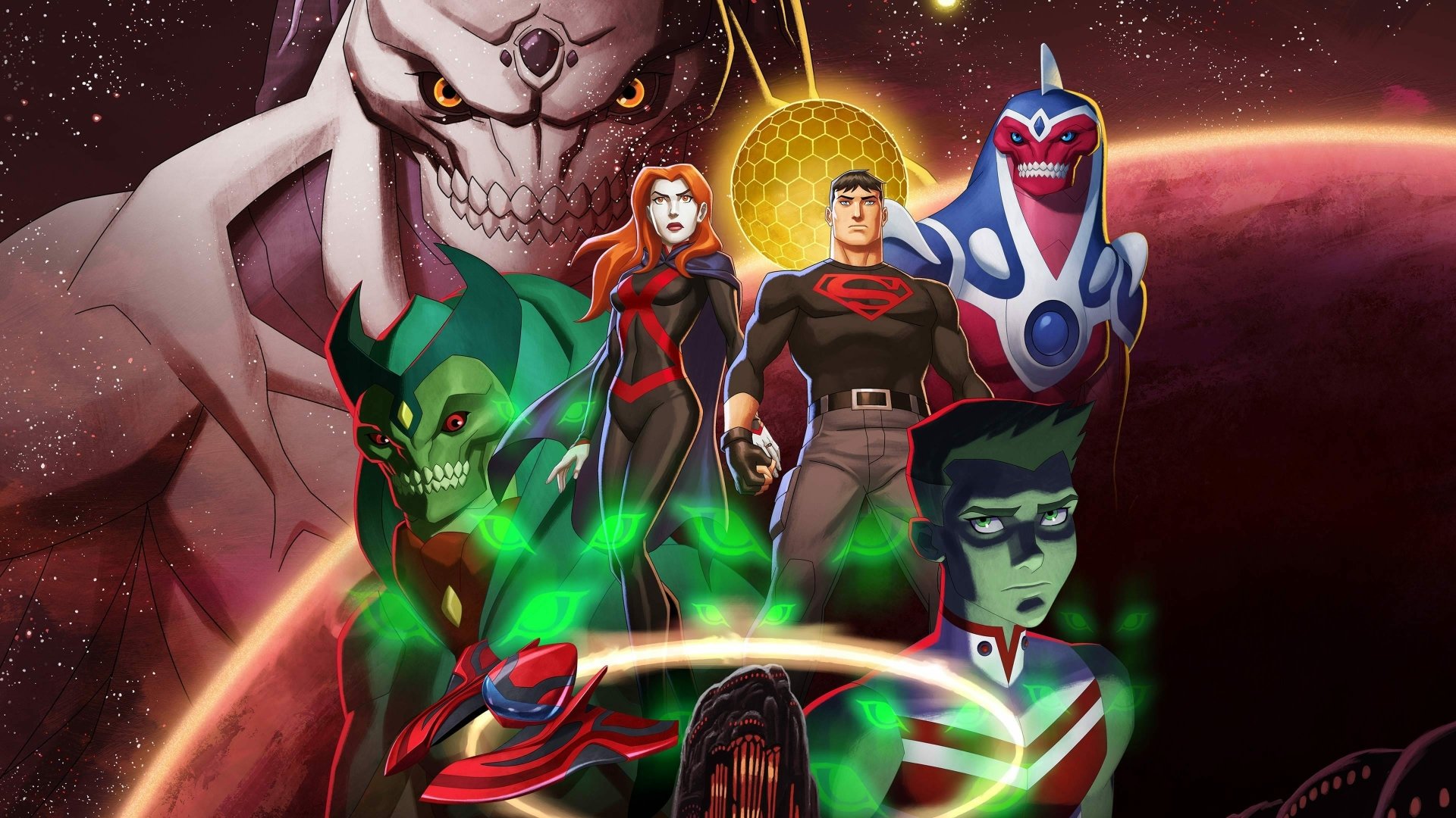 4K Young Justice wallpaper: M'gann M'orzz (Miss Martian), Garfield Logan (Beast Boy) and Conner Kent (Superboy) stand united with neon-green powers against a cosmic, skull-like menace.