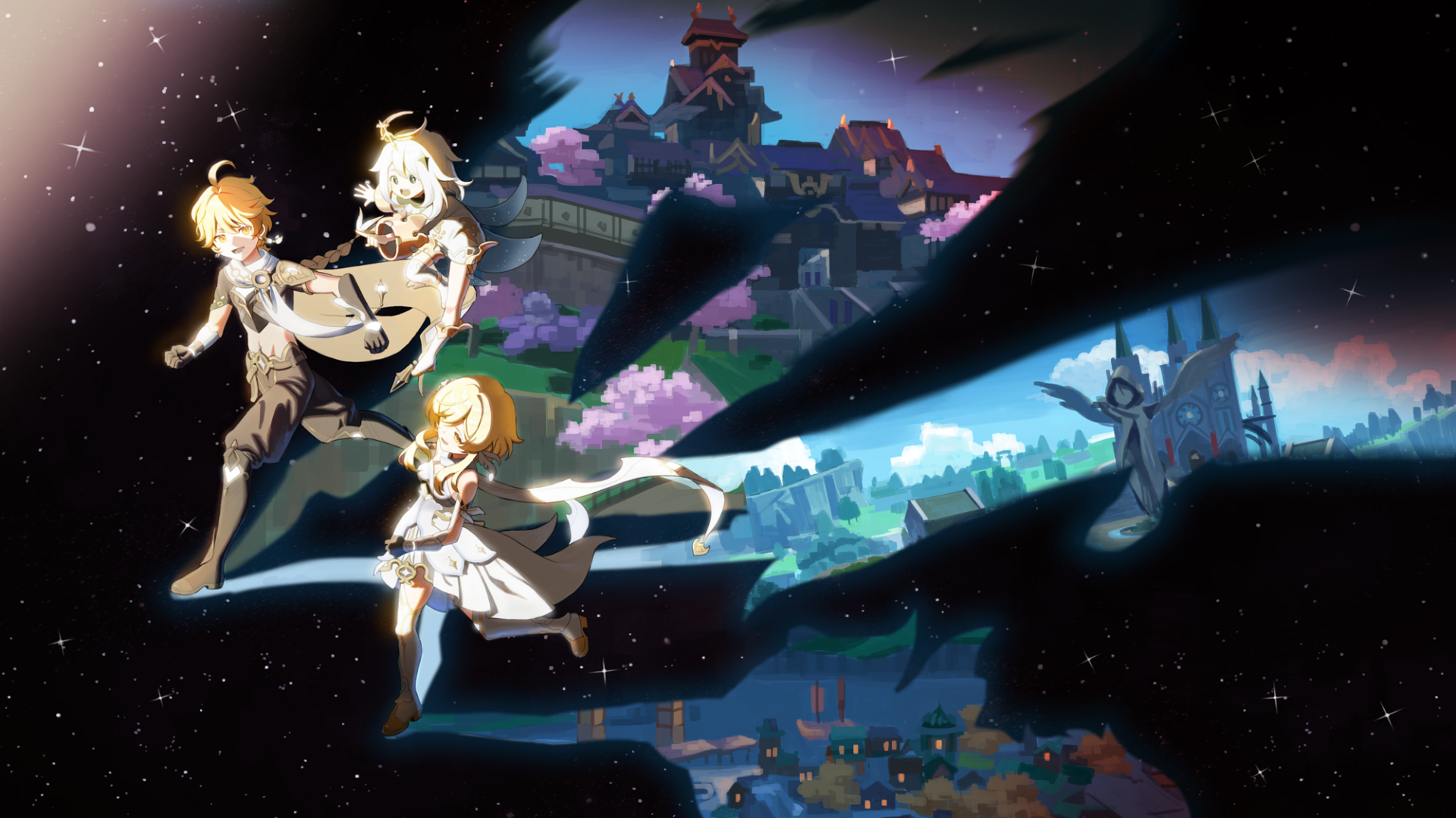 HD PC desktop wallpaper featuring Paimon, Lumine, and Aether from the video game Genshin Impact with a vibrant, fantasy-themed night cityscape background.