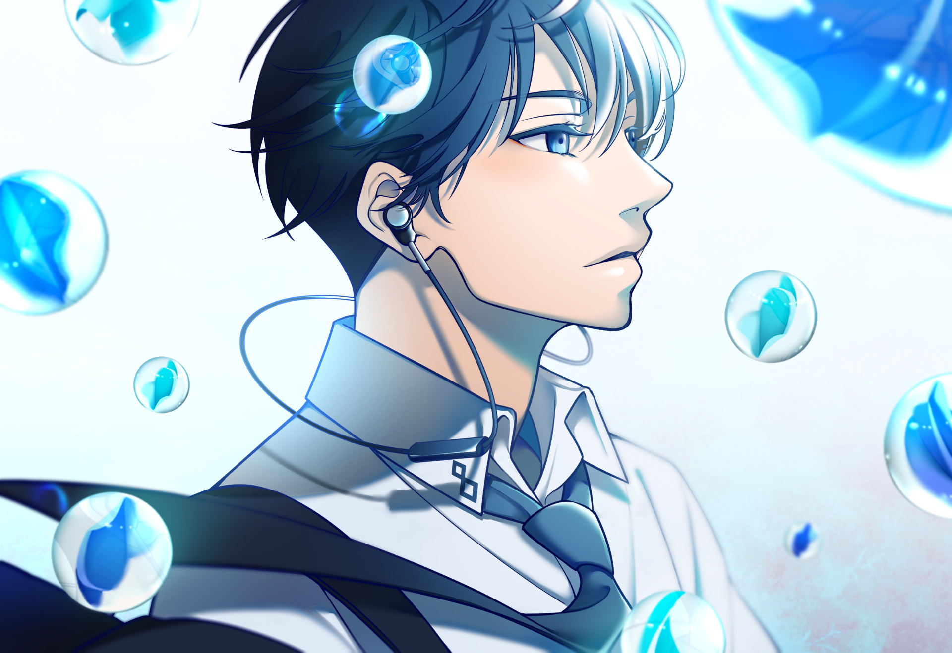 HD anime desktop wallpaper featuring a thoughtful anime boy with dark hair, wearing earbuds, surrounded by glowing blue bubbles in a soft, bright background.