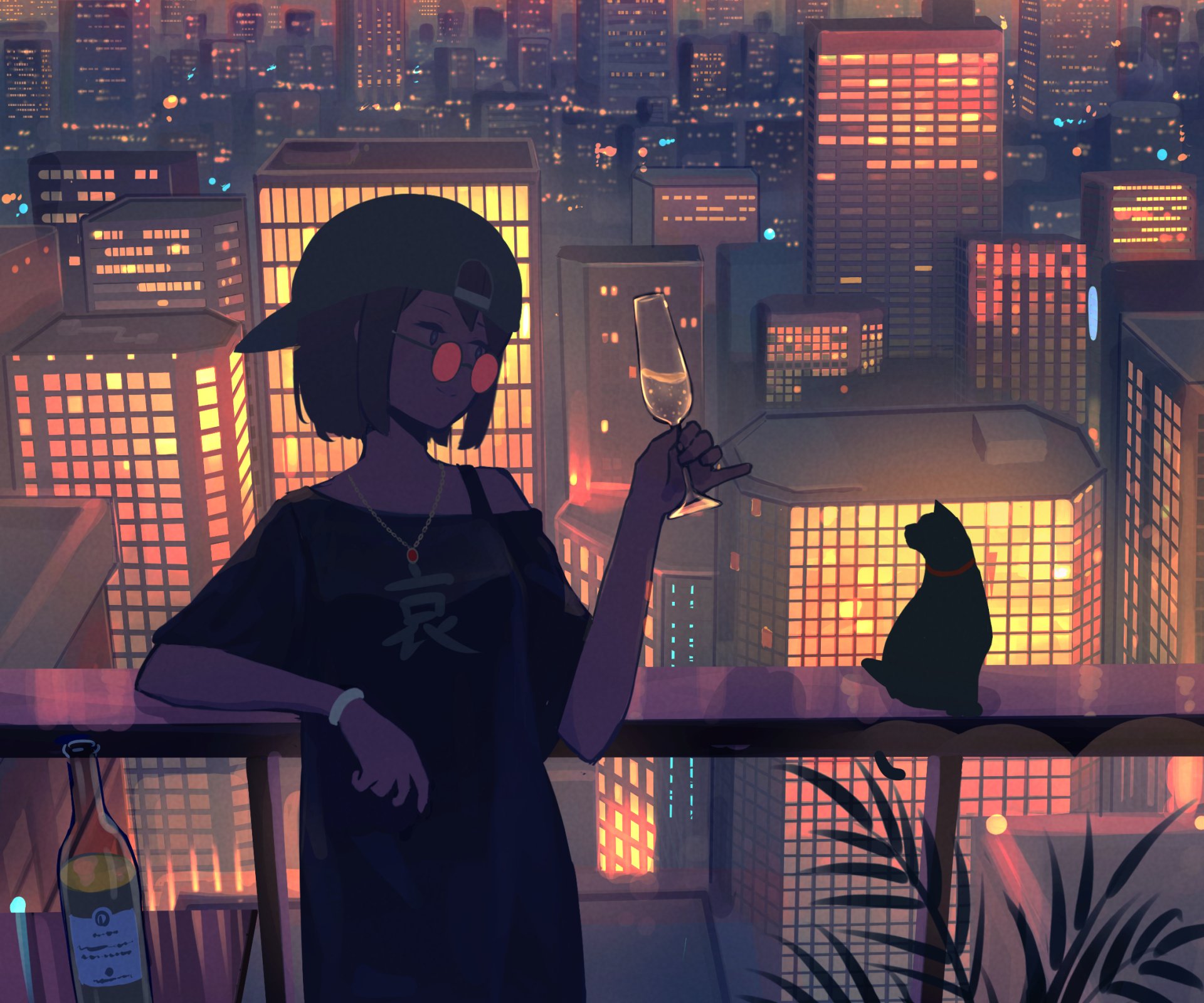 HD PC desktop wallpaper/background: anime girl on a neon city balcony at night, holding a glass while a black cat sits beside her, glowing skyscraper windows filling the backdrop.