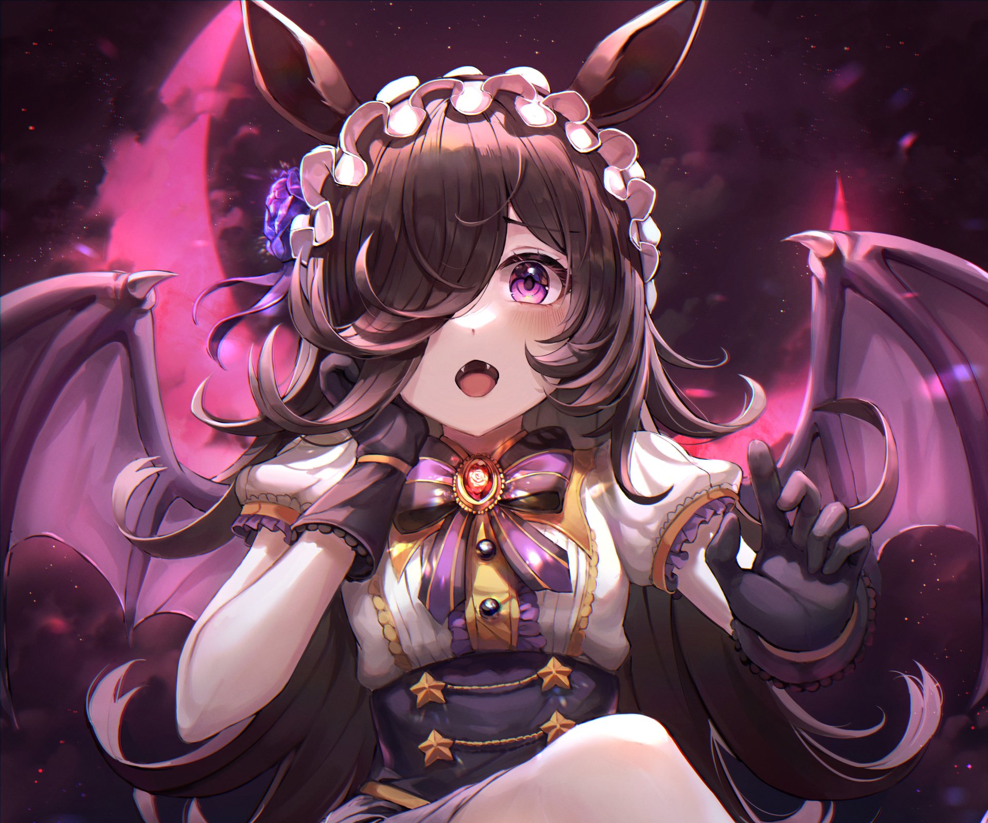Rice Shower from Uma Musume: Pretty Derby in a gothic maid outfit with bat wings and violet eyes beneath a pink moon, vibrant purple 2K Quad HD PC desktop wallpaper.