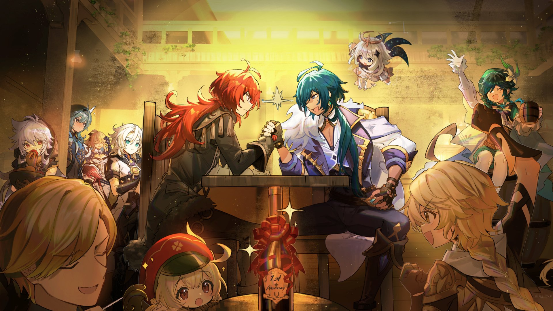 HD desktop wallpaper featuring characters from Genshin Impact, including Venti, Rosaria, Razor, Paimon, Klee, Kaeya, Jean, Eula, Diluc, Albedo, and Aether in a lively gathering scene.
