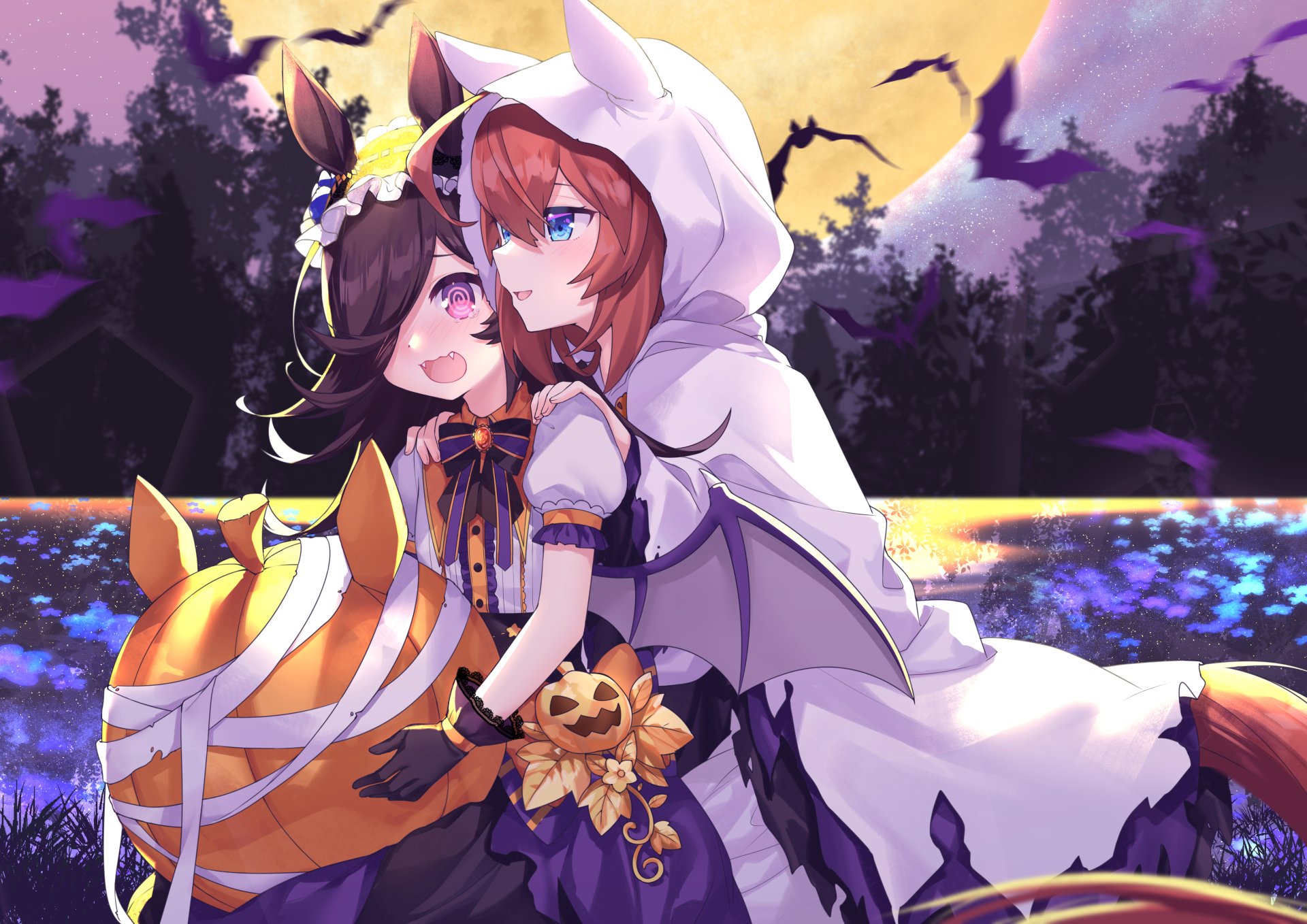Uma Musume: Pretty Derby — Rice Shower and Mihono Bourbon in Halloween-themed outfits embracing by a moonlit lake and purple forest, detailed 4K Ultra HD PC desktop wallpaper background.