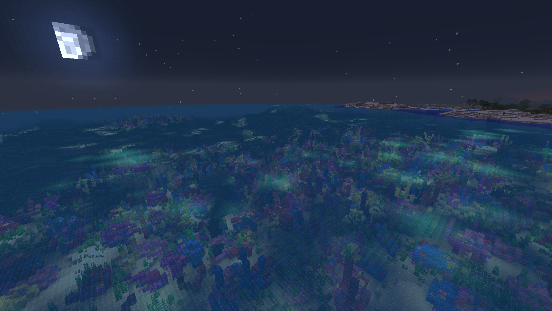 Minecraft HD PC desktop wallpaper: moonlit ocean above a colorful coral reef at night, blocky underwater terrain and distant shoreline background.