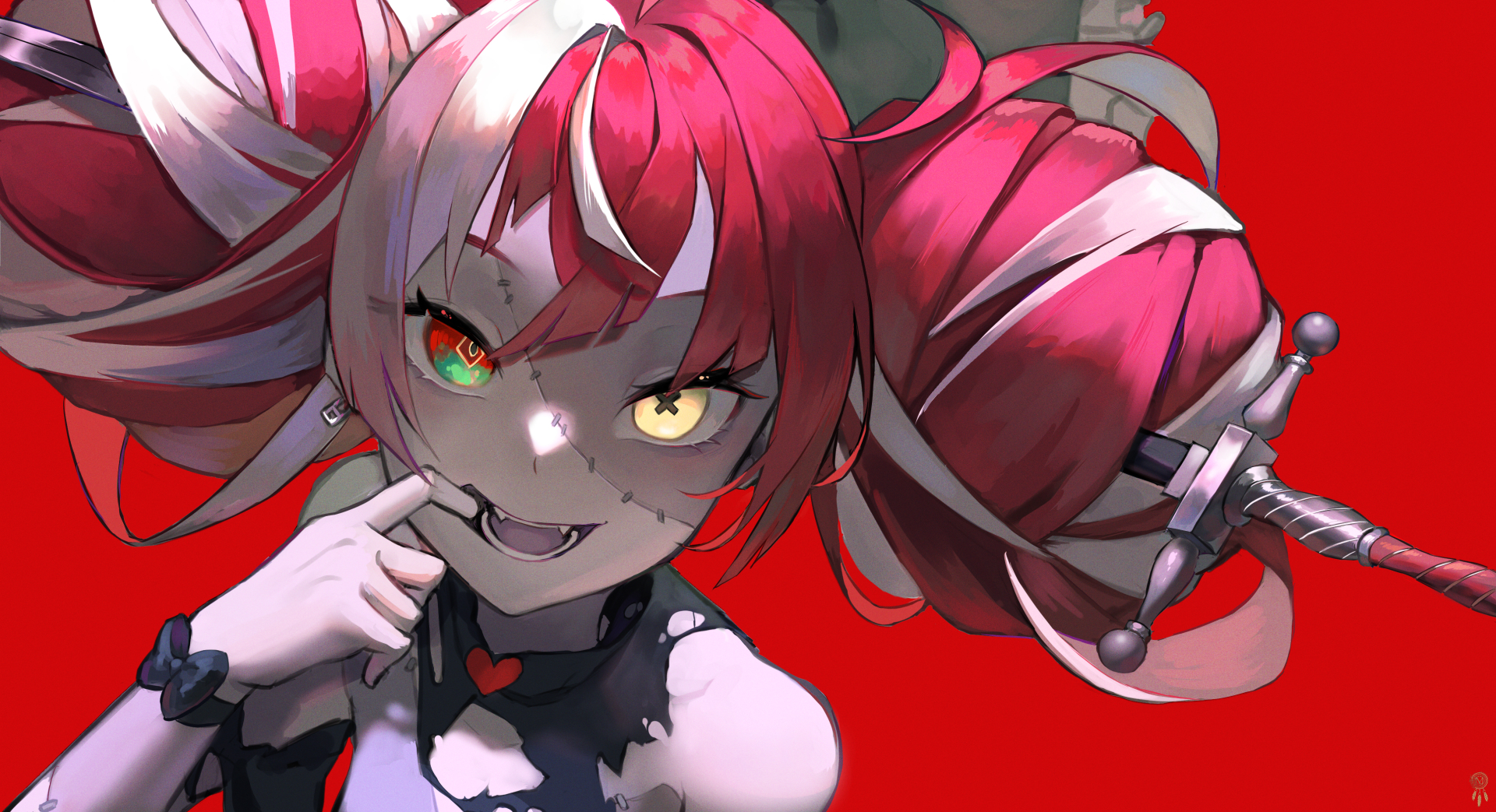 Anime-style hololive Virtual YouTuber Kureiji Ollie grinning with mismatched eyes and pink twin-tails against bold red — 2K Quad HD PC desktop wallpaper/background.