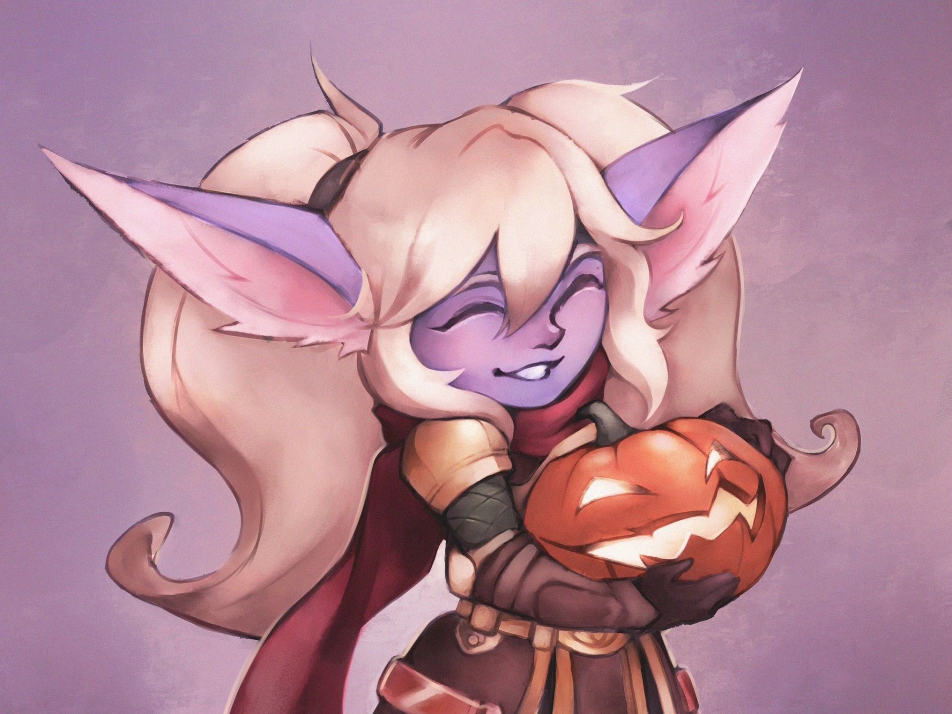 HD PC desktop wallpaper of Poppy, the video game character from League of Legends — chibi purple-skinned yordle with blonde hair and big ears, smiling while holding a carved jack-o'-lantern