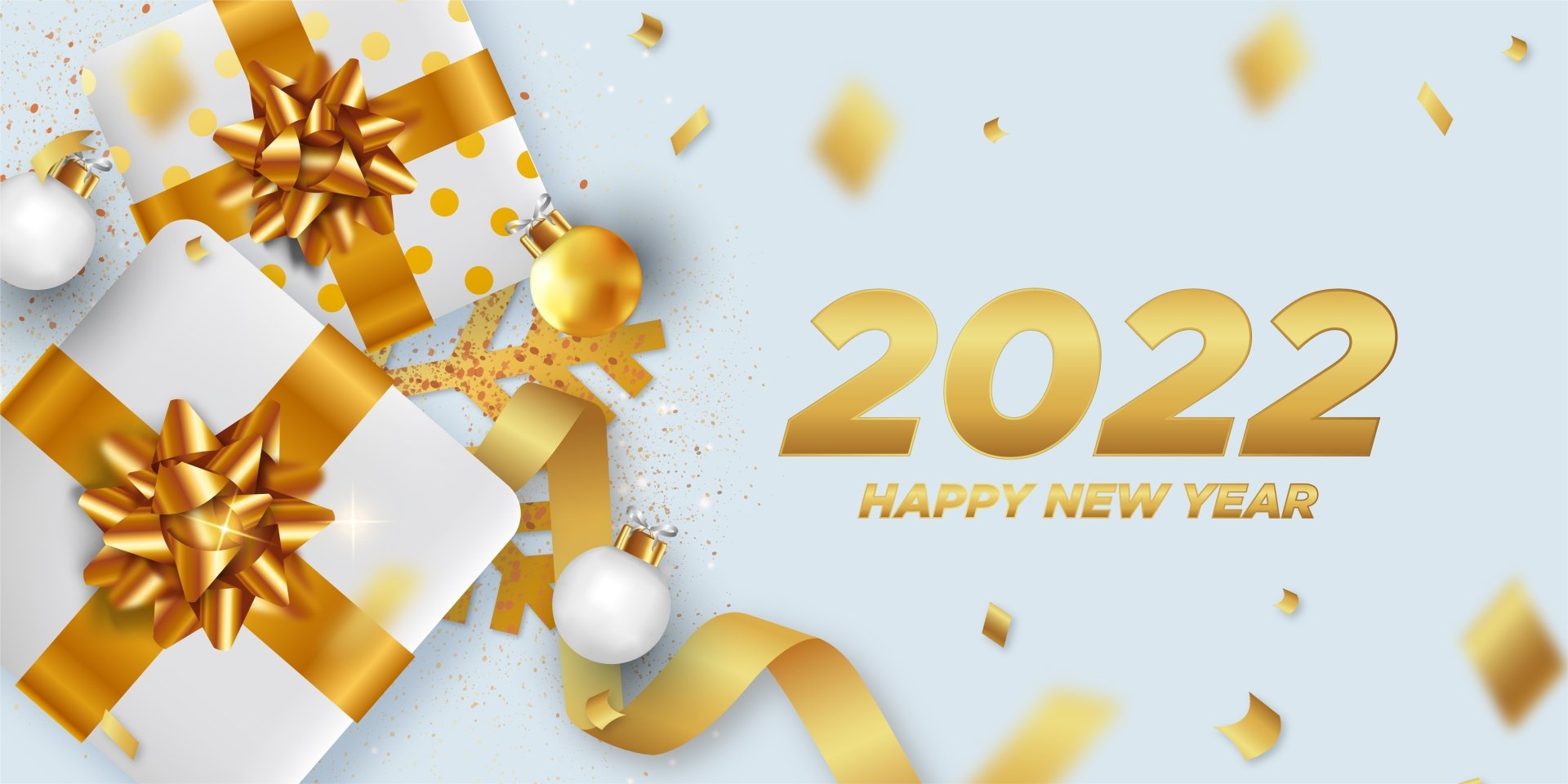 4K Ultra HD PC desktop wallpaper: New Year 2022 celebration with gold 2022 Happy New Year text, wrapped gifts, gold ribbons, baubles and scattered confetti.