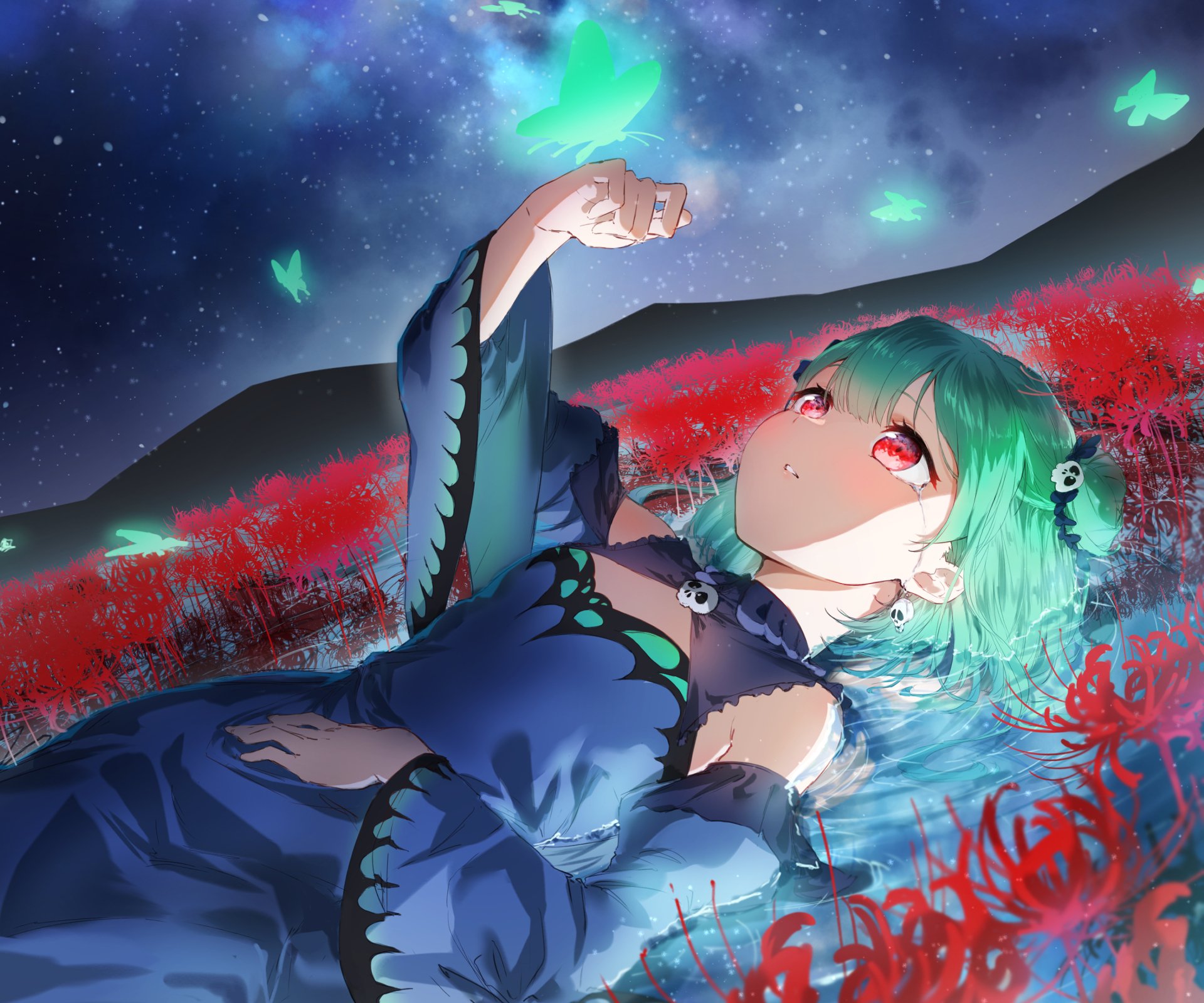 HD anime desktop wallpaper featuring Uruha Rushia, a Virtual YouTuber from hololive, lying amidst vibrant red flowers under a starry sky with glowing butterflies.