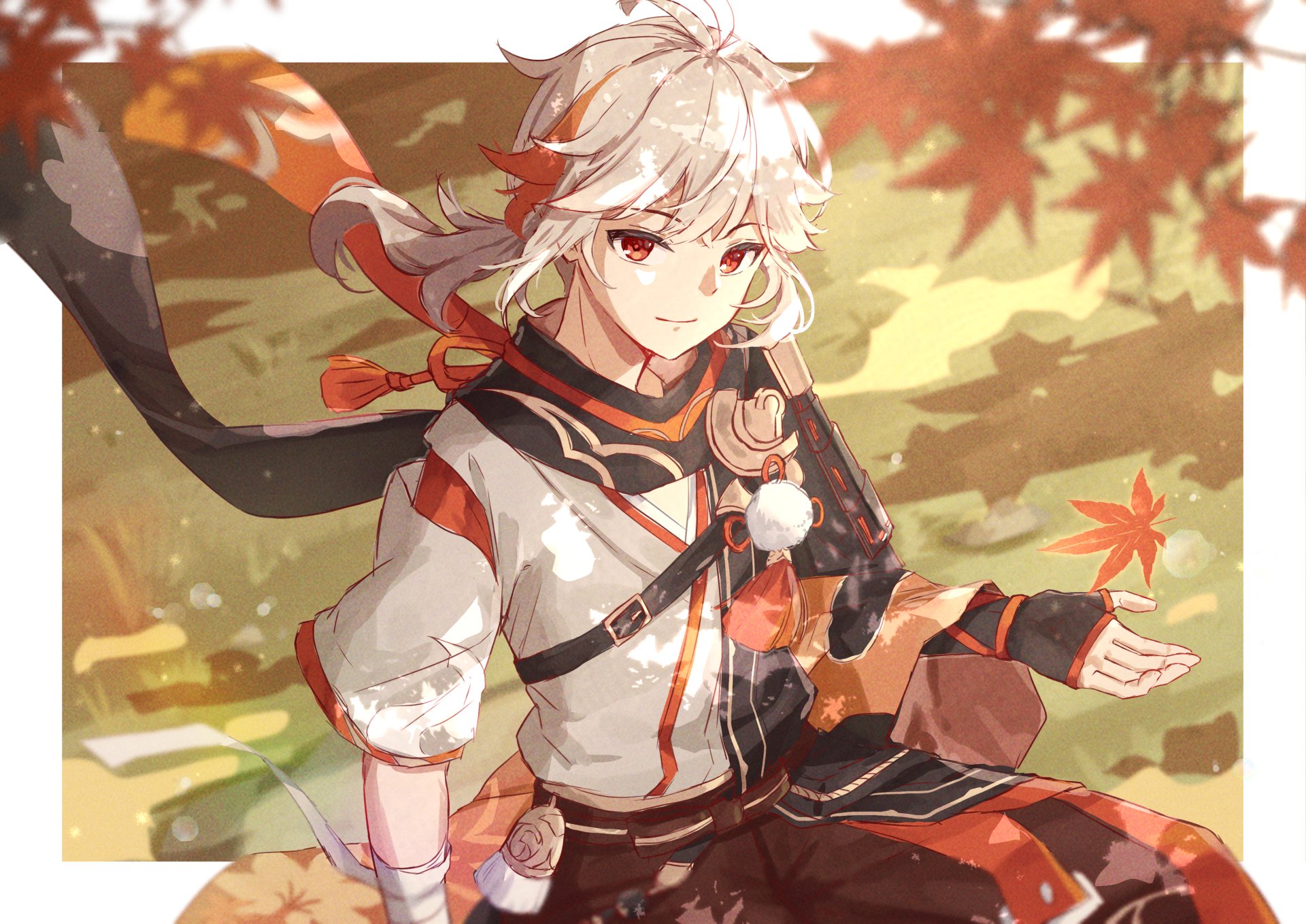 Kaedehara Kazuha from Genshin Impact in an autumn forest scene, featured in a vibrant 4K Ultra HD PC desktop wallpaper and background.