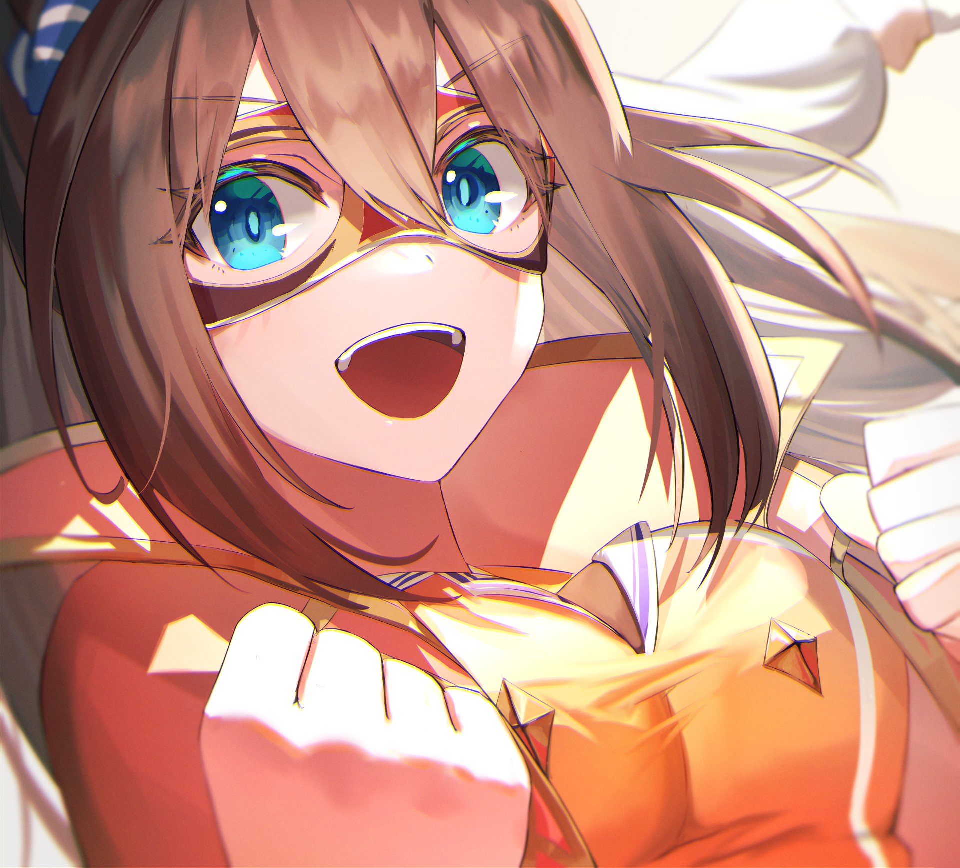 Close-up of an excited anime character from Uma Musume: Pretty Derby with bright blue eyes and glasses, featured in a vibrant HD PC desktop wallpaper.