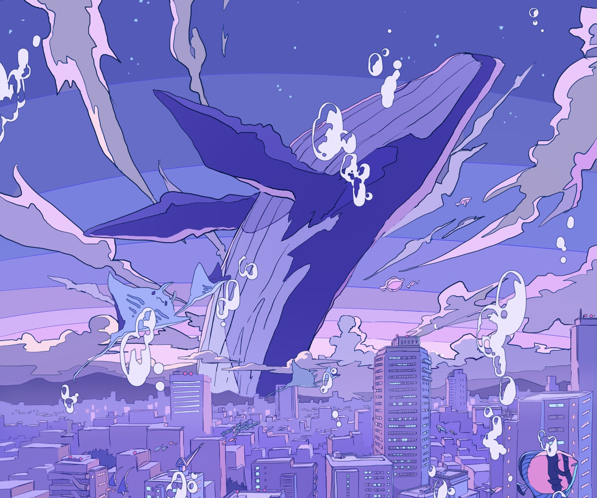 Fantasy-themed HD PC desktop wallpaper featuring a massive whale soaring above a cityscape in a vibrant, dreamy purple and blue sky.