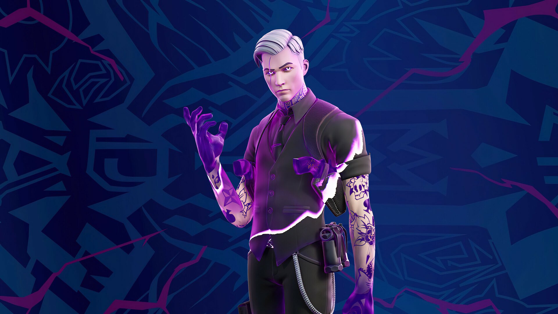 HD PC desktop wallpaper featuring a Fortnite character with tattoos, posing confidently against a stylized dark blue and purple background.