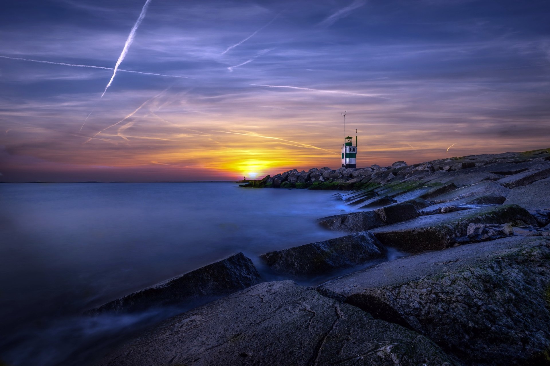 Download Coast Sunset Man Made Lighthouse 4k Ultra HD Wallpaper