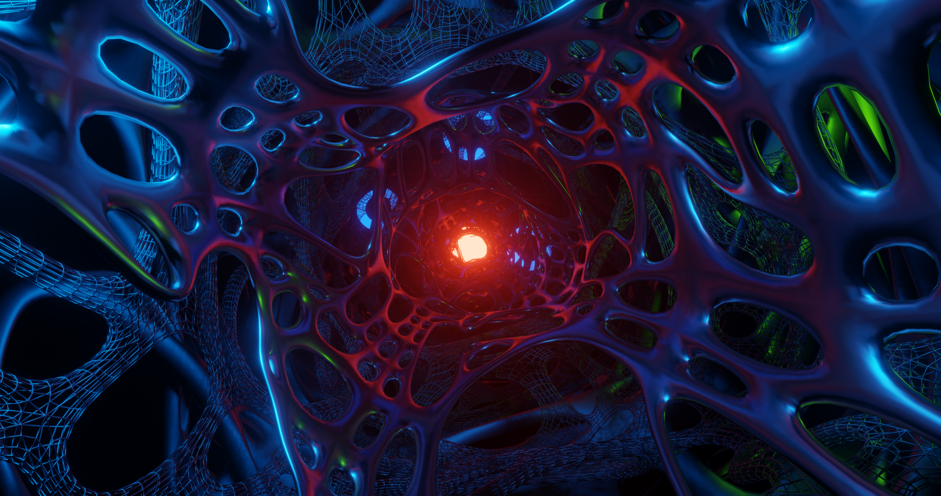 Abstract HD desktop wallpaper featuring an intricate, colorful web of interconnected shapes, with a central glowing red light surrounded by hues of blue and purple.