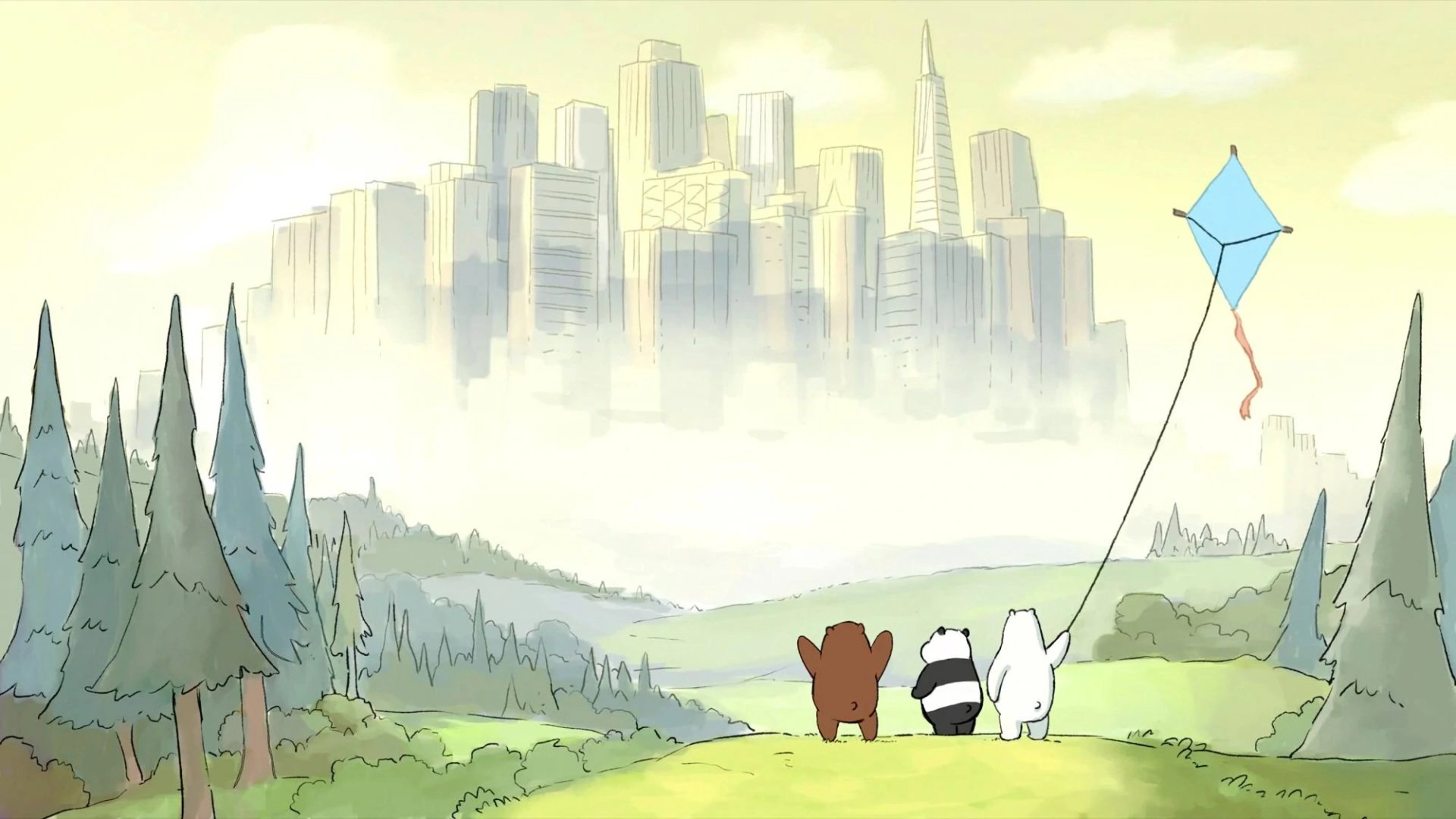 HD desktop wallpaper featuring characters from the TV show We Bare Bears flying a kite with a city skyline in the background on a clear day.